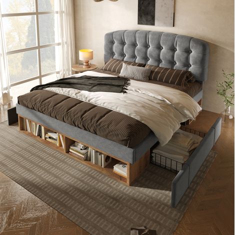 Bett mit Stauraum Samt Grau 90x200 cm, inklusive Lattenrost, mit höhenverstellbarem Kopfteil und Schubladen (1/5)