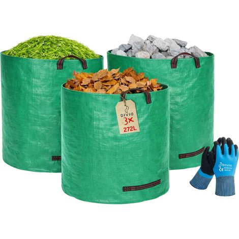 Sacs de jardin, avec gants et poignées de transport, 3 sacs de jardin, 272 l, autoportants, 4 poignées, solides, robustes et pliables, coupe de pelouse, pour déchets de jardin, verts (1/5)