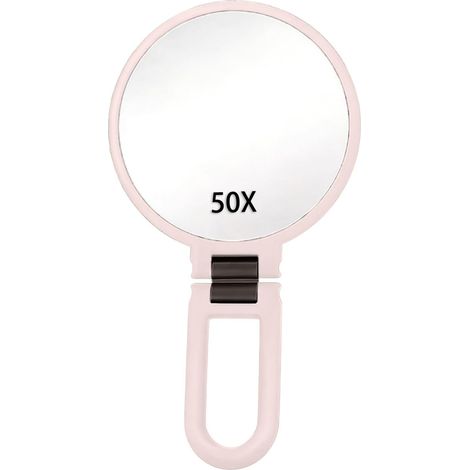 Espejo de aumento 50x, espejo de mano con mango, doble cara con aumento 50x/1x, imprescindible para viajes, espejo de maquillaje portátil plegable para un maquillaje preciso, negro mate (rosa).