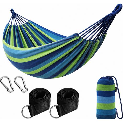 Amaca Da Esterno Per Giardino E Campeggio Con Borsa Trasporto Cinghie E Moschettoni Inclusi Sistema Anti Ribaltamento Cotone Resistente Portata 300 Kg 270 x 150 Cm Blu