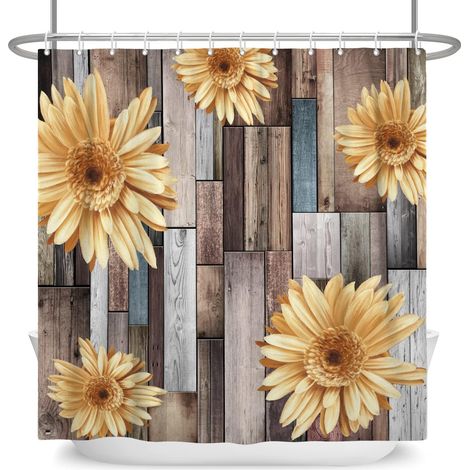175x190cm Rideau de Douche Tournesol Rustique en Bois Planche Ancienne pour Salle de Bains Motif Floral Rural Polyester avec Crochets (1/5)