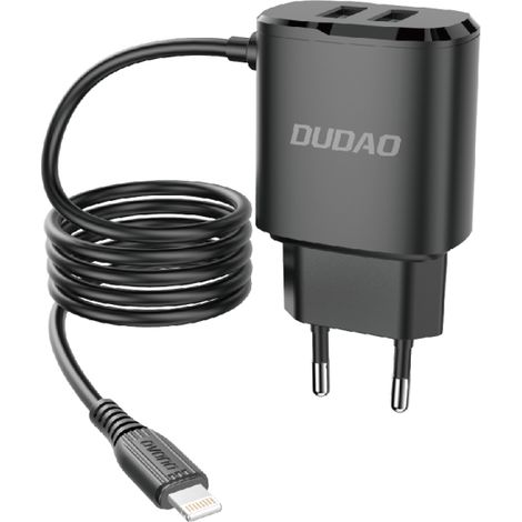 2x USB-Wandladegerät mit integriertem Kabel für iPhone Lightning 12W Schwarz (1/3)