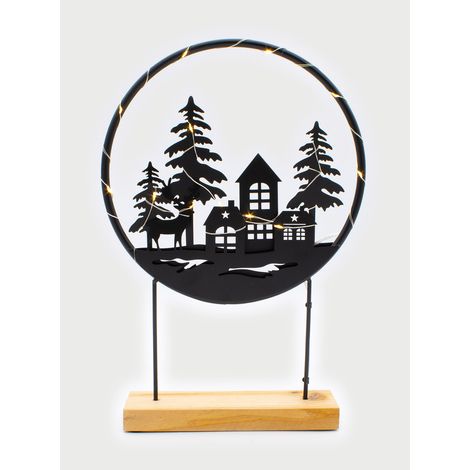 LED Deko Aufsteller schwarz mit Weihnachts Motiv - 37 x 25 cm - Metall Silhouettenbild mit 15 LED in warm weiß beleuchtet - Weihnachts Dekoring Tischdeko Fensterdeko Deko Beleuchtung mit Timer inklusi
