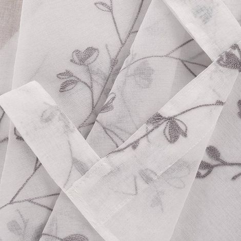 WOLTU Gardinen transparent Blumen Stickerei mit Schlaufen Leinen Optik(2 Stücke) grau 140x225 cm (1/3)