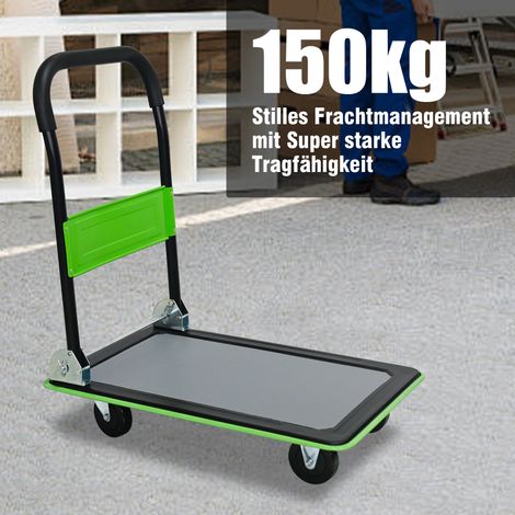 Chariot plateau vert, capacité 150 kg, plateforme robuste avec roulettes pivotantes 360°, pliable pour chargement et stockage, équipement d'entrepôt. (1/5)