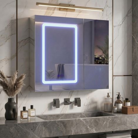 Mobile bagno con specchio luminoso a 2 ante e LED a 3 colori - Armadietto bagno a parete con funzione antiappannamento, specchio interno bifacciale e ripiani regolabili - 70x13,5x60 cm