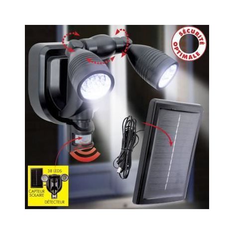 Projecteur solaire double LED en PVC - Noir - 38 LED - Détecteur de mouvement réglable - 2 modes de réglage - AquaForge