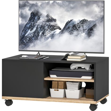 Meuble TV sur roulettes avec 2 fenêtres, 2 niches, placard porte 2 passe-fil, bois chêne noir clair