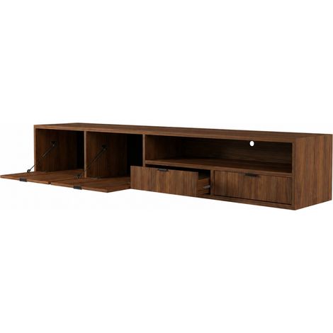 Mobile TV Sospeso Design Moderno Con 2 Ante A Ribalta 2 Cassetti E Vano A Giorno Per Zona Living Con Passacavo 200 X 55 X 40 Cm Noce (1/5)