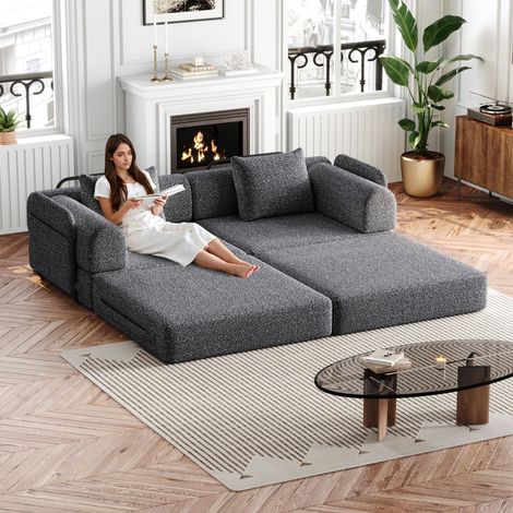REDOM Sofá modular de 2 plazas, 2 en 1, almacenamiento en el reposabrazos, soporte con tres estructuras de acero, chenilla gris
