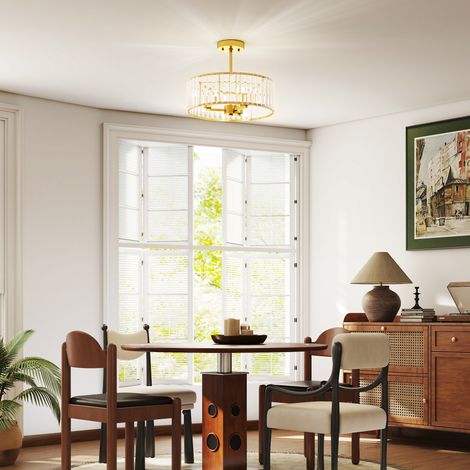 Lampada da soffitto, design a lampadario, paralume in cristallo, 3 lampadine, metallo, colore oro