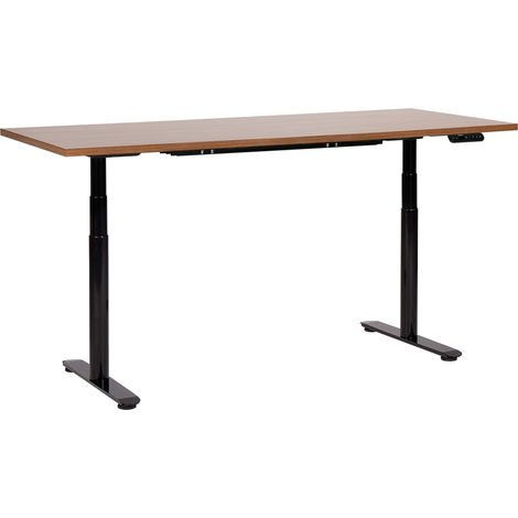 Escritorio de altura regulable eléctrico diseño moderno patas redondas 180 x 80 cm tablero madera oscura soporte de acero negro DESTINAS (1/5)