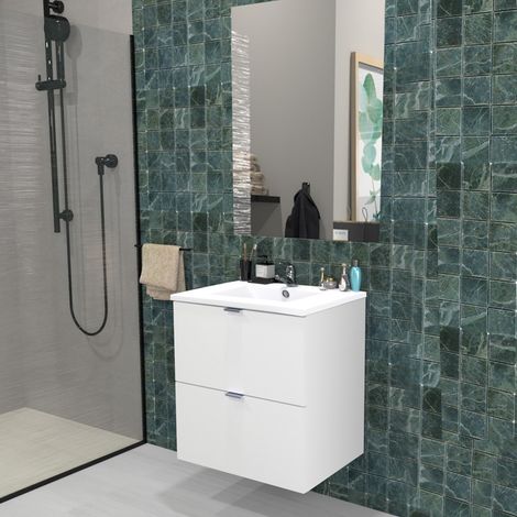 Meuble sous-vasque 2 tiroirs MALAGA 60 cm + vasque + miroir / Blanc/ (1/5)
