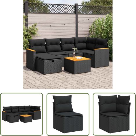 vidaXL Salon de jardin 7 pcs avec coussins noir résine tressée (1/5)
