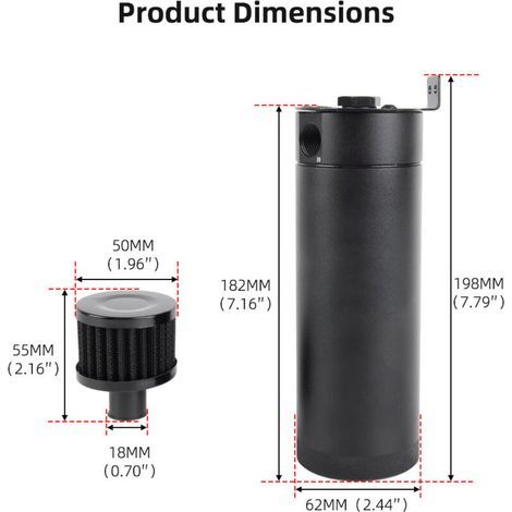 Bidon d'évent d'huile noir allongé à deux trous, 750 ml, bidon de récupération des gaz résiduaires et des huiles usées avec support de filtre à air et une vanne de vidange. (1/4)