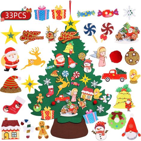 Decorazione natalizia, albero di Natale in feltro, albero di Natale piatto in feltro da 100 cm da assemblare, con 42 decorazioni. (1/5)