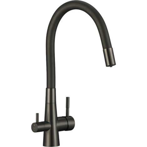 Rubinetto Cucina con Filtro Acqua  Grafite Spazzolato, Doppia Leva, Beccuccio Flessibile e Design Moderno (1/4)