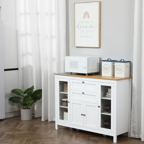 Credenza da cucina HOMCOM con armadietto, 2 cassetti, 2 ante in vetro e ripiani regolabili, mobile contenitore per sala da pranzo e soggiorno, 120x40x90 cm, bianca. (1/5)