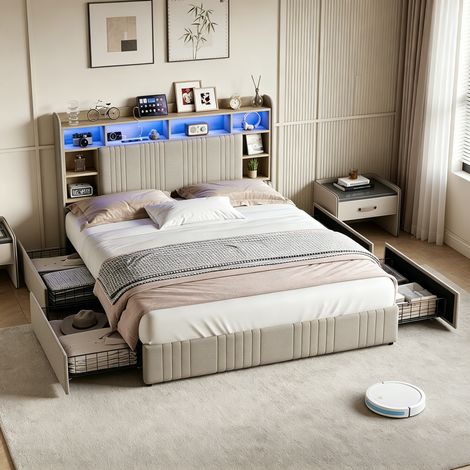 Lit double 140×200cm avec tiroirs, rangement sous le lit, lit coffre avec lumière LED et port USB, lit capitonné, rangement dans la tête de lit, sommier à lattes, lit adulte, lit enfant, Lin, Beige