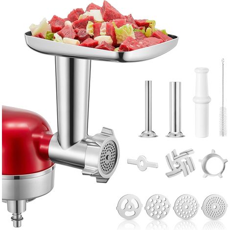 Hachoir à Viande pour KitchenAid, Accessoire Robot Pâtissier, 4 Plaques de Broyage, 2 Embouts à Saucisses, Acier Inoxydable
