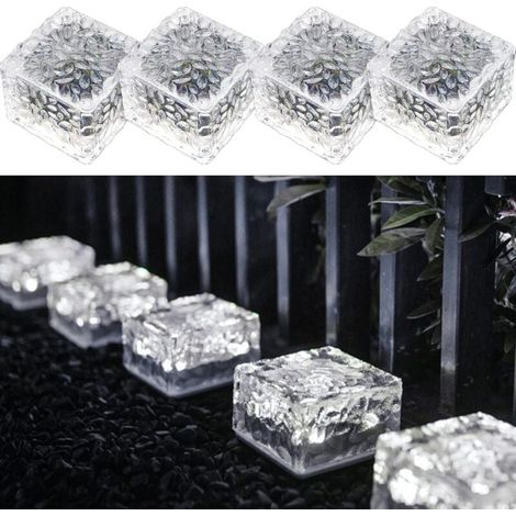7 x 7 x 5 cm Lot de 4 briques solaires à lumière blanche froide en PVC avec capteur de lumière, lumières solaires marche/arrêt pour allée, pelouse, c (1/4)