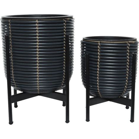 Lot de 2 cache-pots ronds en polyrotin anthracite sur pieds – Ø 27 cm et Ø 21 cm – Résistants UV et gel – Doublure intérieure avec bouchon de vidange – Jardideco (1/2)