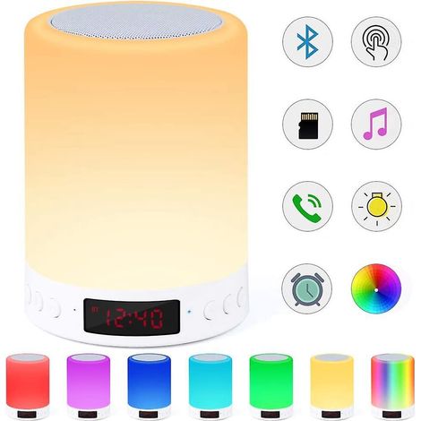 Lampe-enceinte Bluetooth, veilleuse tactile intelligente avec réveil et radio FM, intensité réglable, 7 couleurs