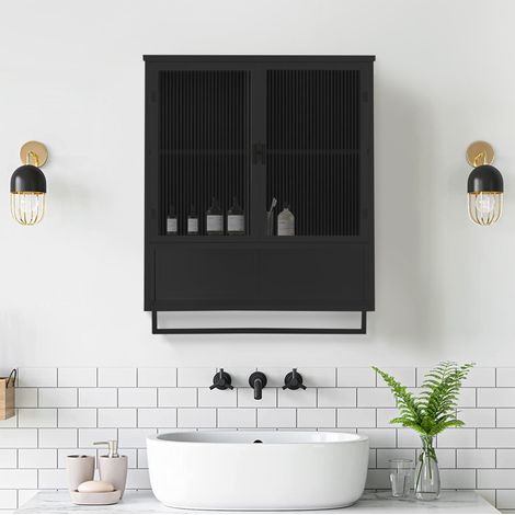 Mueble pared 60x23x78 cm vidrio templado y metal negro — puertas vitrina, estante abierto (1/5)