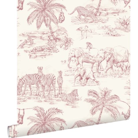 papier peint animaux de la jungle rouge bordeaux et blanc  - ESTAhome