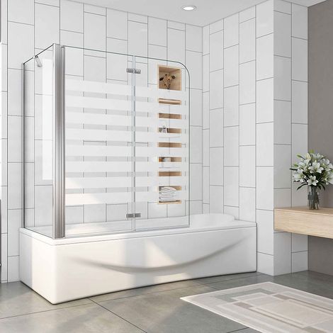 AICA 120x140cm links Milchglas Streifen Badewanne Aufsatz Faltwand mit 70cm Seitenwand 6mm ESG Glas Duschwände (1/5)
