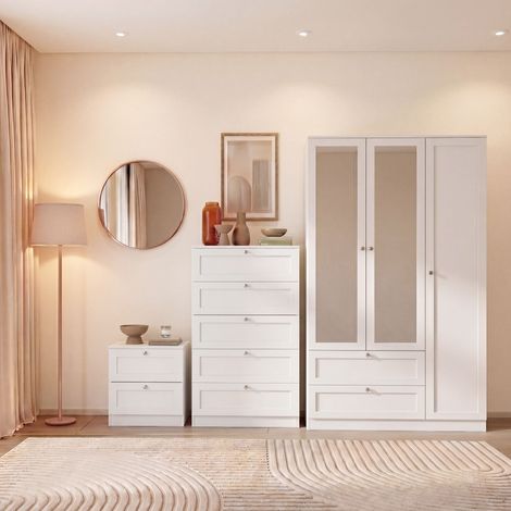 Altino 3 Piece Bedroom Set with 2 Drawer Bedside, 5 Drawer Chest, 3 Door 2 Drawer Wardrobe, White