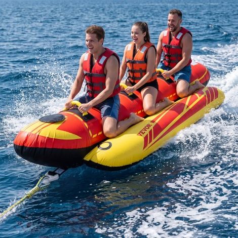 Bouée Tractée Gonflable pour Tubing Bateaux Forme Hot Dog, Bouée de Jeux Aquatiques pour 1-3 Passagers, Capacité de Charge de 231 kg, avec Housse Entièrement en Nylon, Poignées Rembourrées (1/3)