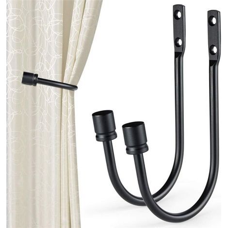 Curtain tiebacks, 2 pieces U-shaped hook wall-mounted curtain tassel tiebacks drapery hooks curtain accessories (black) (1/5)