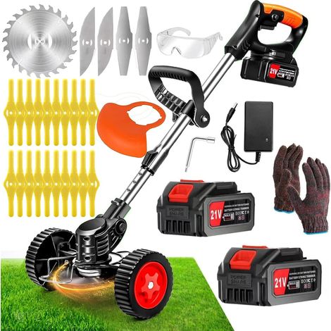 Débroussailleuse Electrique sans Fil,Coupe Bordure 2 Batteries 21v et Chargeur Taille Manche télescopique, Roues Amovibles réglables,Légère à Faible Bruit pour La Coupe De Jardin,Pelouses Arbustes (1/5)