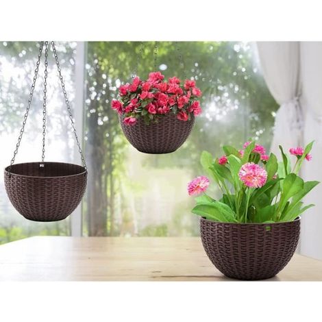 Lot de 4 pots de fleurs suspendus avec arrosage automatique - marron (1/4)