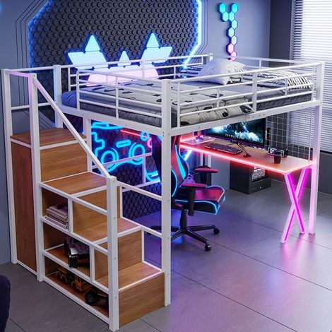 Lit mezzanine - GUTENT - 140x200cm - Bureau intégré - Éclairage LED - Échelle de rangement (1/5)