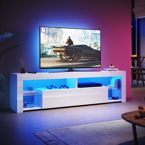SONNI TV Schrank mit LED-Lichtern, Offenes Glasregal und Griffloses Design herunterklappbarem Türfach, Stand TV Board Hochglanz, Weiß, 1800 x 350 x 505 mm (1/5)