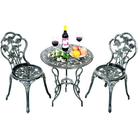 Costway – Ensemble table et 2 chaises de jardin en fonte d'aluminium – Design antique avec motif rose – Table ronde avec trou pour parasol – Confort ergonomique (1/5)