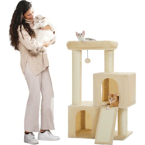Pawz Road – Arbre à chat 114 cm avec poteaux en sisal 11 cm – Double condos spacieux 42 x 45 cm – Perchoir confortable 52 x 54 cm – Beige (1/5)