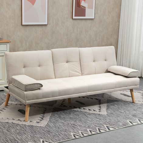 Canapé convertible 3 places en tissu poliéster beige 181x77x78 cm con respaldo regulable y mesa abatible