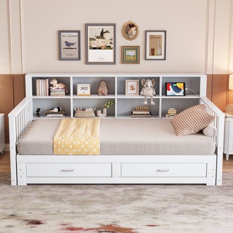 Canapé convertible en pin massif 90x190 cm, avec coffre intégré et port USB dans l'accoudoir, 2 tiroirs, sommier à lattes, lit d'appoint multifonctionnel, blanc (1/5)