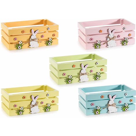 Caisses panier de Pâques en bois coloré, lapin blanc et petites fleurs décoratives, lot de 5, 18 x 11 x H. 7 cm