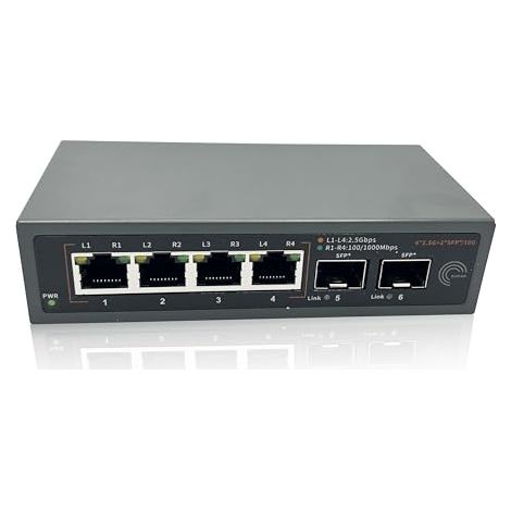 Elfcam® - 10Gb Commutateur Switch Fibre Optique Compatible avec Freebox Ultra et Orange Livebox 6, avec 2 Ports 10G SFP+ et 4 Ports 2,5 Gigabit Ethernet RJ45, Rallonge Votre Réseau 10Go