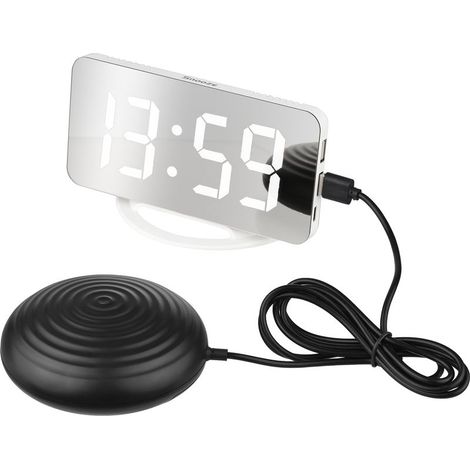 Réveil Miroir Vibrant Blanc ABS avec Secoueur de Lit, Double Port USB, Écran Lumineux Ajustable et Mode Snooze pour Dormeurs Lourds (1/5)