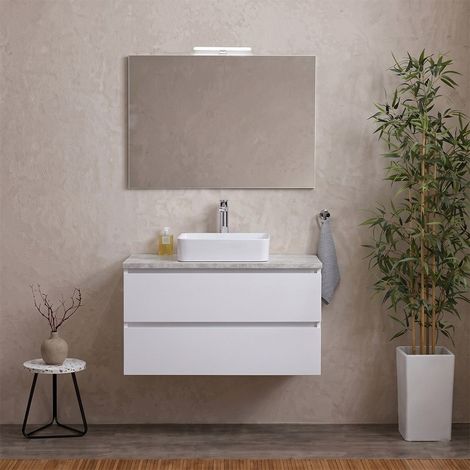 Mobile Bagno Sospeso 80Cm Bianco Export Con Top Beton, Specchio E Lampada  Berlin