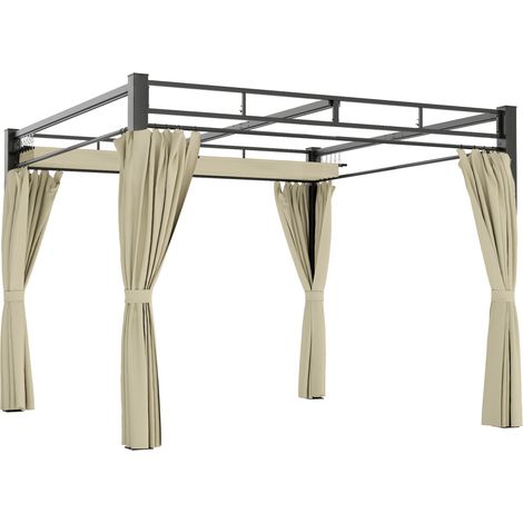 Outsunny – Pergola de jardin 3x3m – Toit rétractable avec 4 rideaux – Protection UV30+ – Structure en acier renforcé – Installation sur gazon ou béton