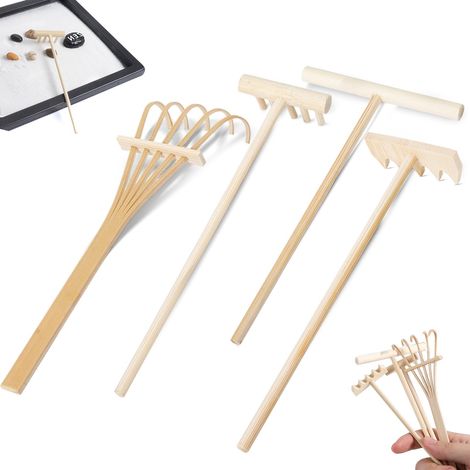 Lot de 4 mini accessoires de jardin zen en bois Râteau à sable miniature Petit râteau zen DIY pour la maison, le bureau et la décoration de table (1/5)