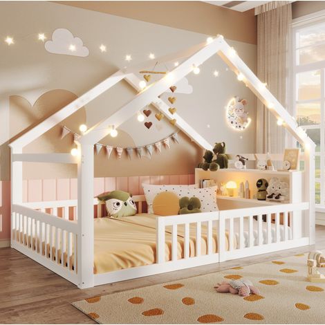 MODFU – Cama tipo cabaña infantil 140x190 cm con barandillas, almacenamiento LED y estructura de pino/MDF, carga 120 kg – Blanco (1/5)