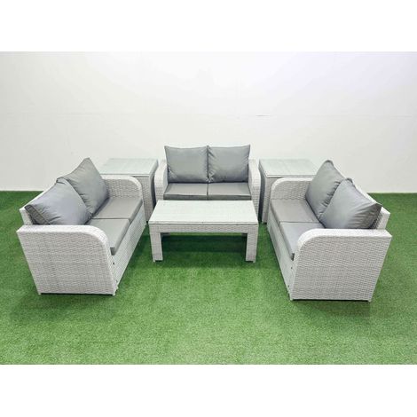 Fimous 6 Seater PE Wicker Rattan Furniture Sofa Sets with Oblong Coffee Table 2 Seater Love Sofa 2 Side Table Light Grey (1/4)