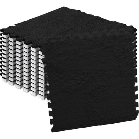 Lot de 12 dalles de sol emboîtables en mousse pelucheuse pour salon, chambre à coucher, 30 x 30 x 1 cm, pour salon, chambre à coucher, noir (1/5)